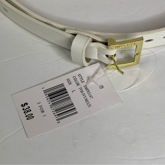 Steve Madden 1” Wide White Leather Belt with Gold Bucket Size Large 34”-38” New - Picture 11 of 11